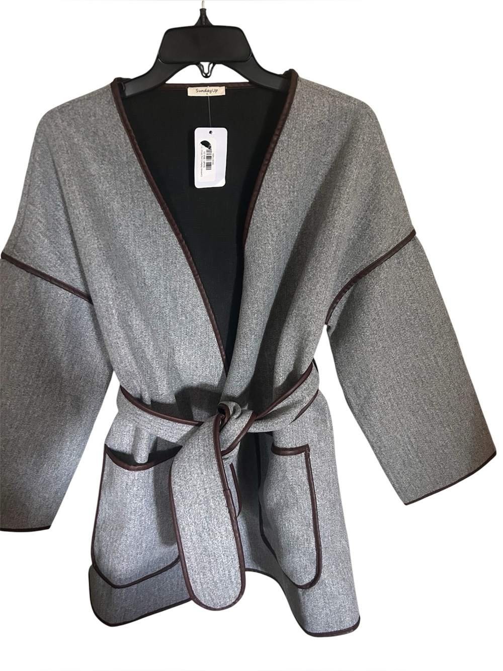 SundayUp  Heather Gray Open Front Belted Long Wrap Kimono Coat Size Medium